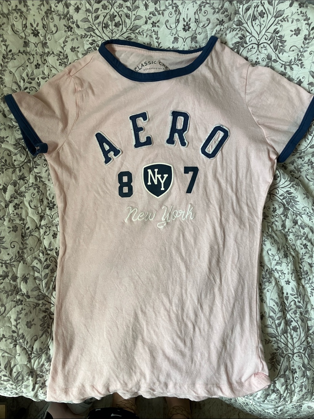 Aeropostale Pink Short Sleeve Ringer Tee with Navy Trim